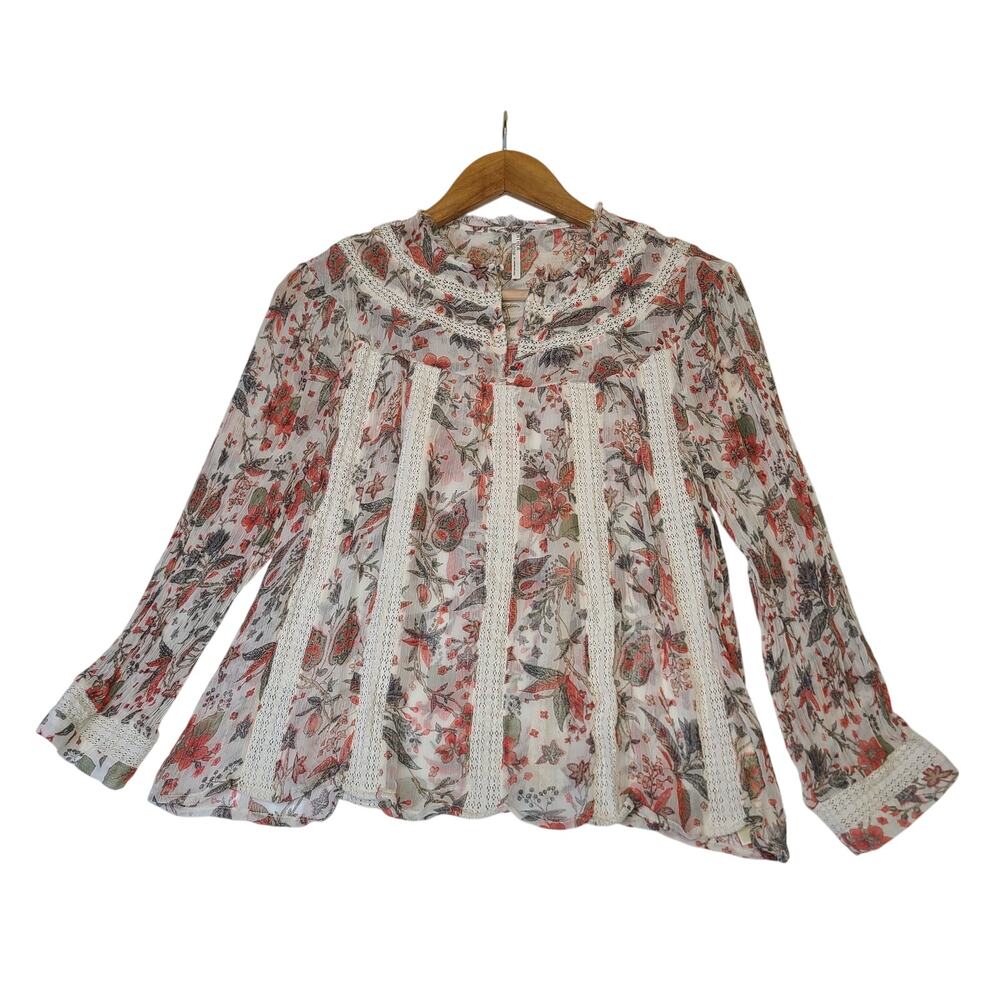 Anthropologie Feather Bone Elena Top Floral Printed Lace Sheer Blouse Size 2